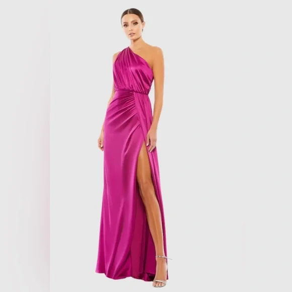 Mac Duggal One Shoulder Satin Faux Warp Gown in Berry